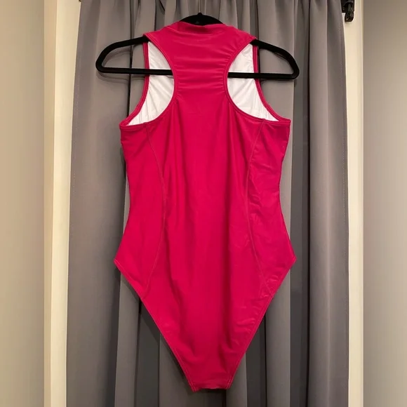One Piece Zip Front Racerback Swimsuit Red Size L - Picture 3 of 8